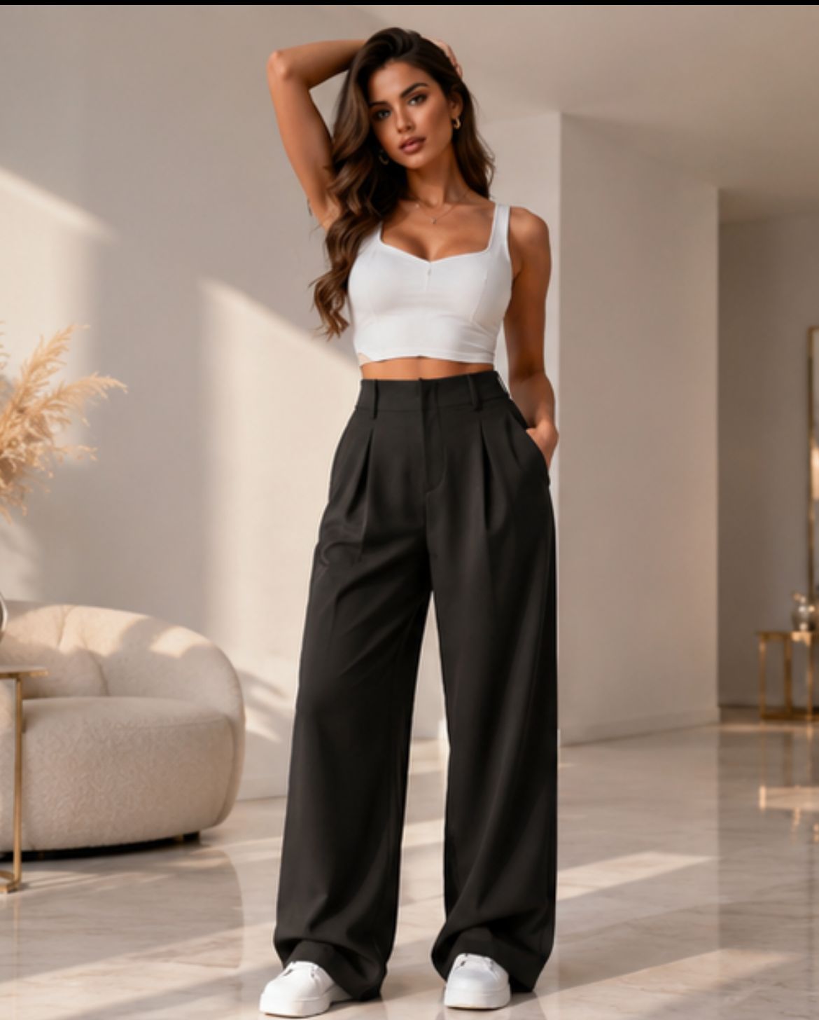 Women's Black Pleated High-Waist Wide Leg Trousers