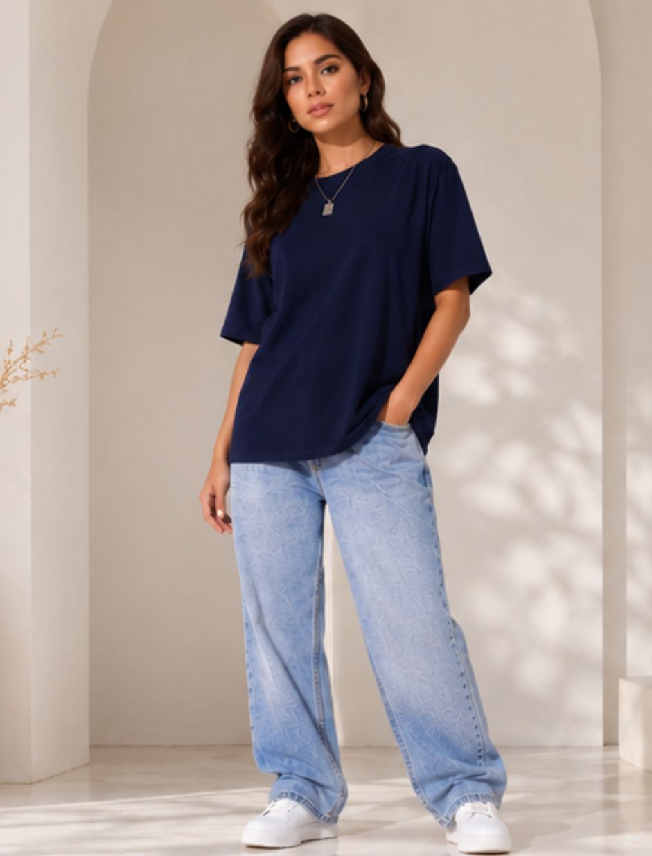 Women's Navy Oversized Crew Neck T-Shirt