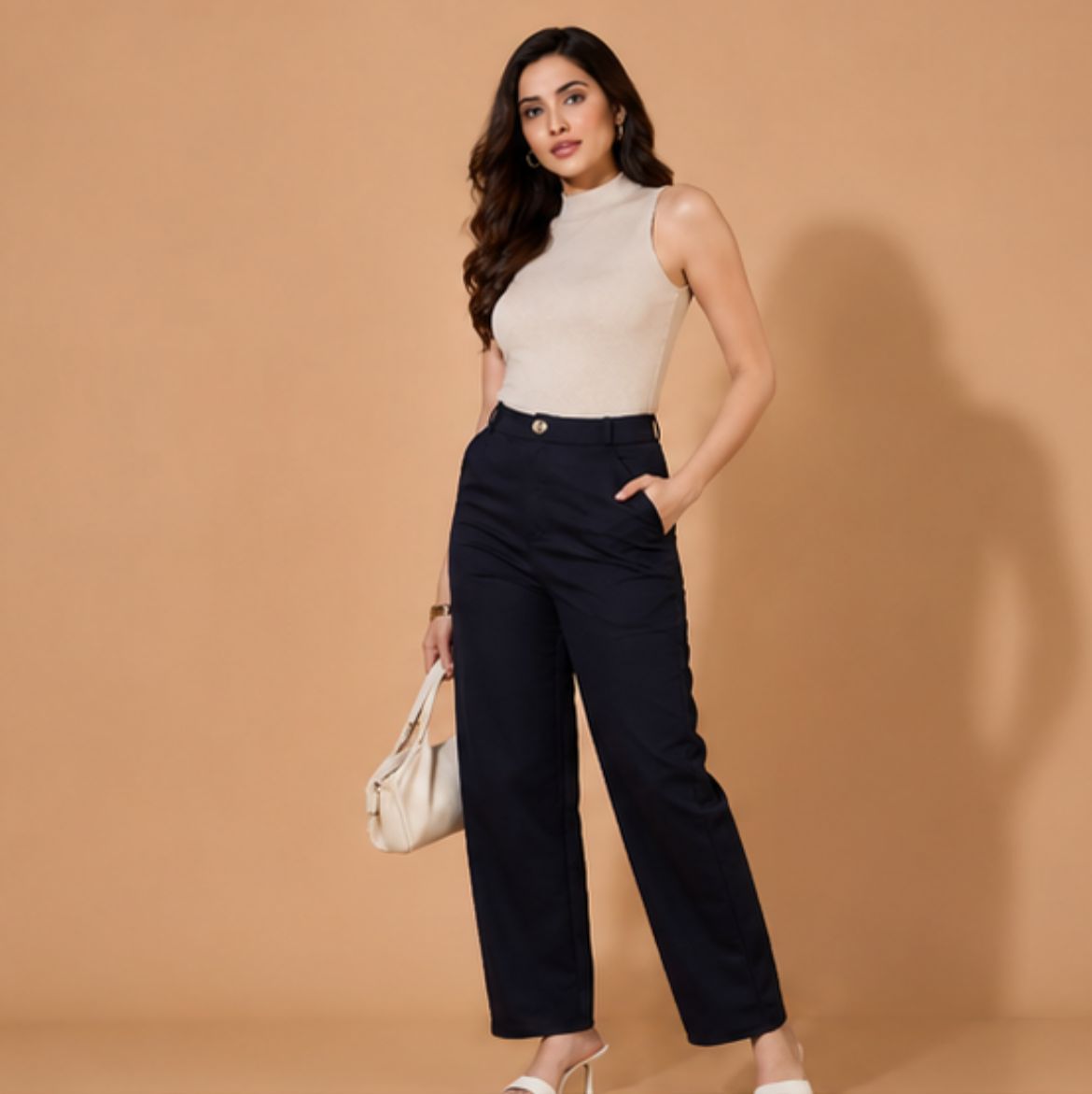 Women's Navy High-Waist Wide Leg Formal Trousers