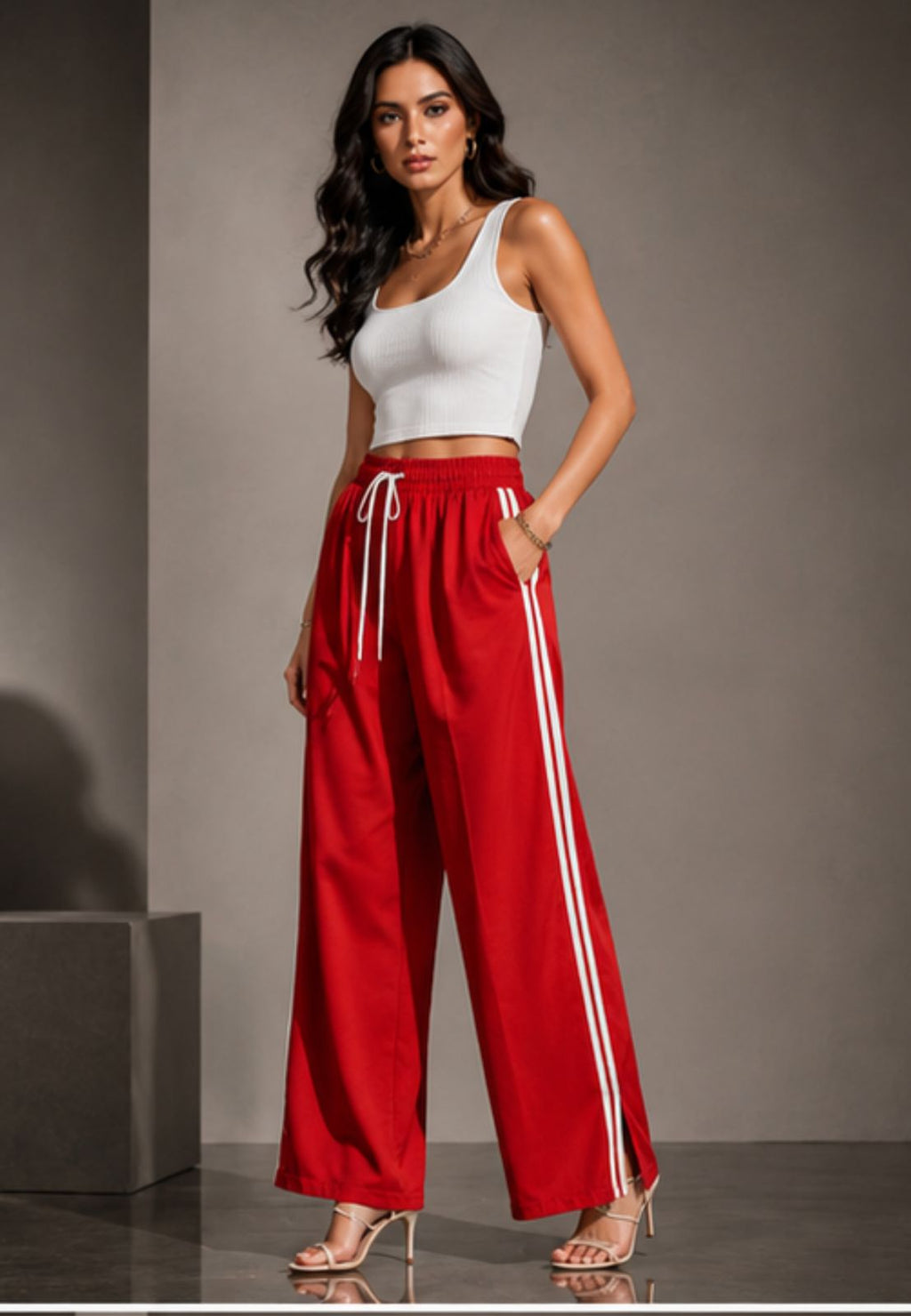 Women's Red Wide Leg Side Stripe Track Pants