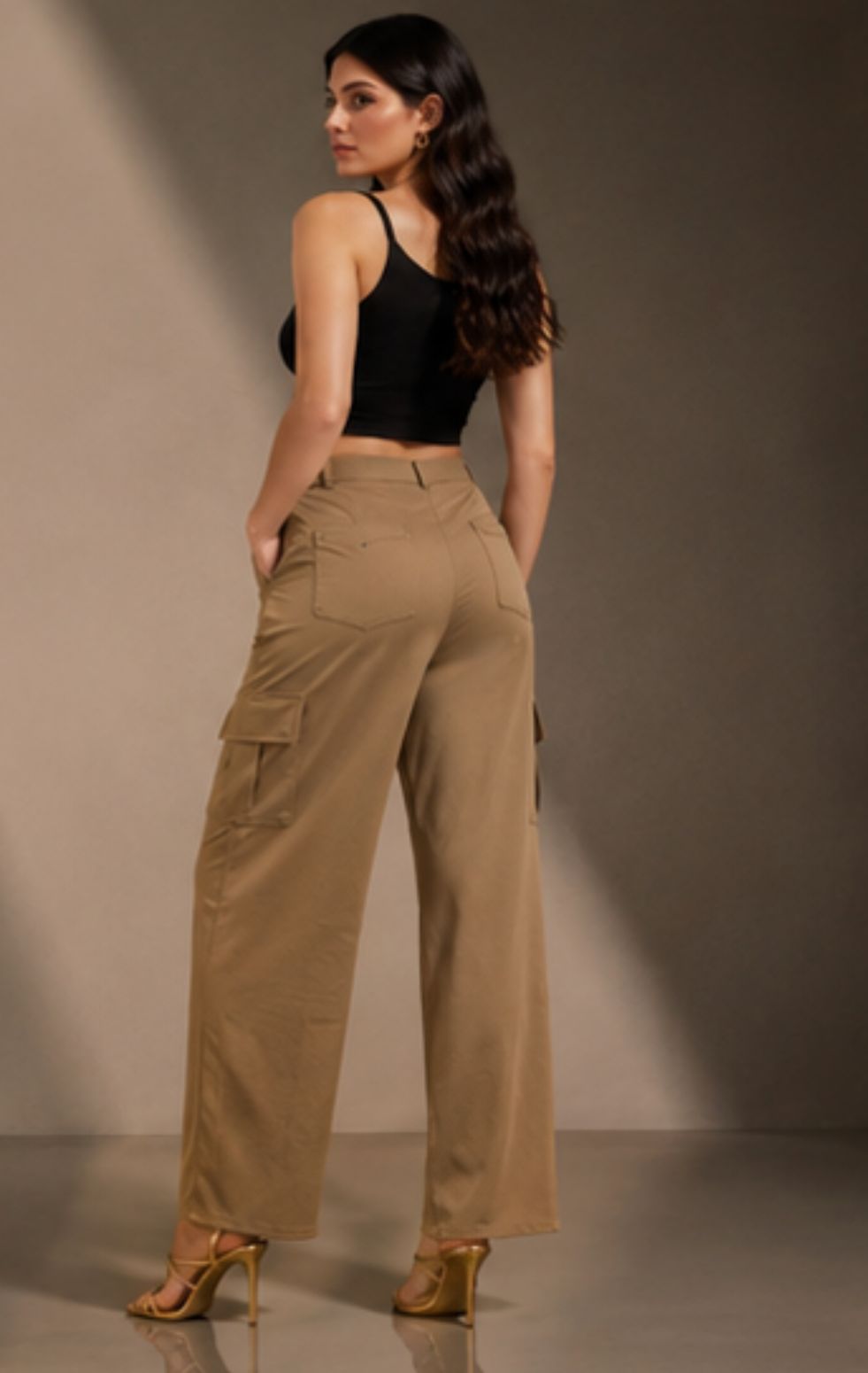 Women's Khaki Wide Leg Cargo Pants