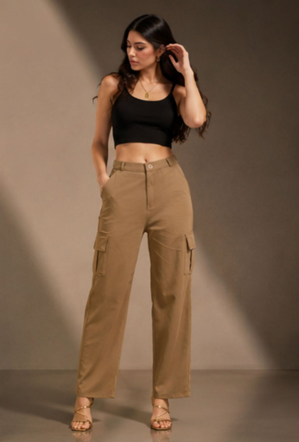 Women's Khaki Wide Leg Cargo Pants
