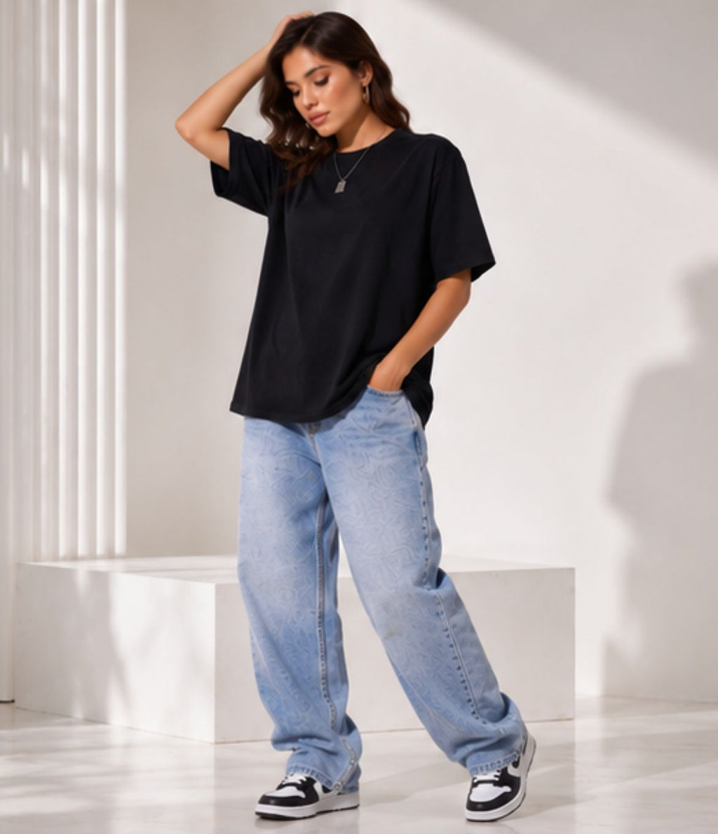 Women's Black Oversized Crew Neck T-Shirt