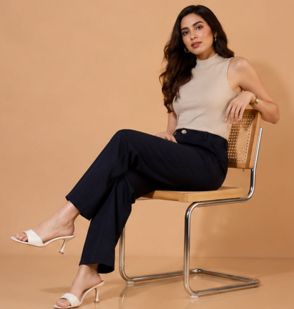 Women's Navy High-Waist Wide Leg Formal Trousers
