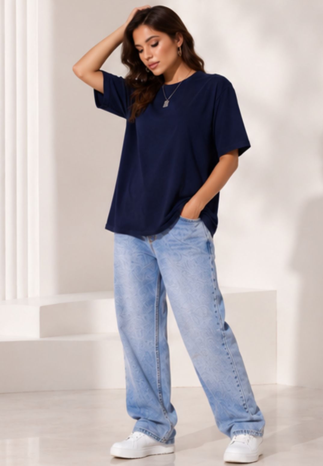 Women's Navy Oversized Crew Neck T-Shirt