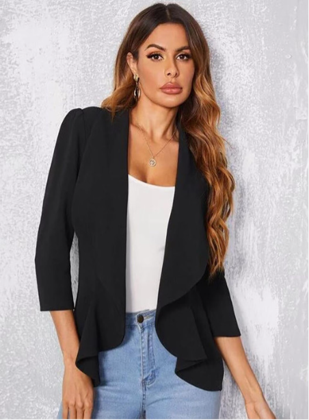 Women's Black Waterfall Open Front Blazer