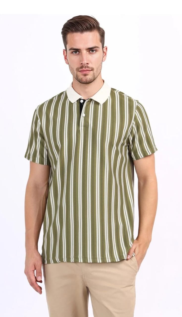 Men's Olive Green Vertical Stripe Polo Shirt