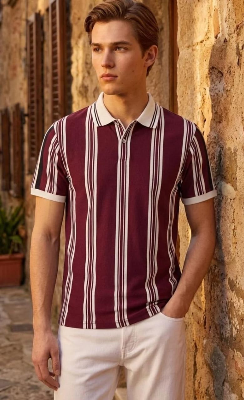 Men's Burgundy Retro Vertical Stripe Polo Shirt