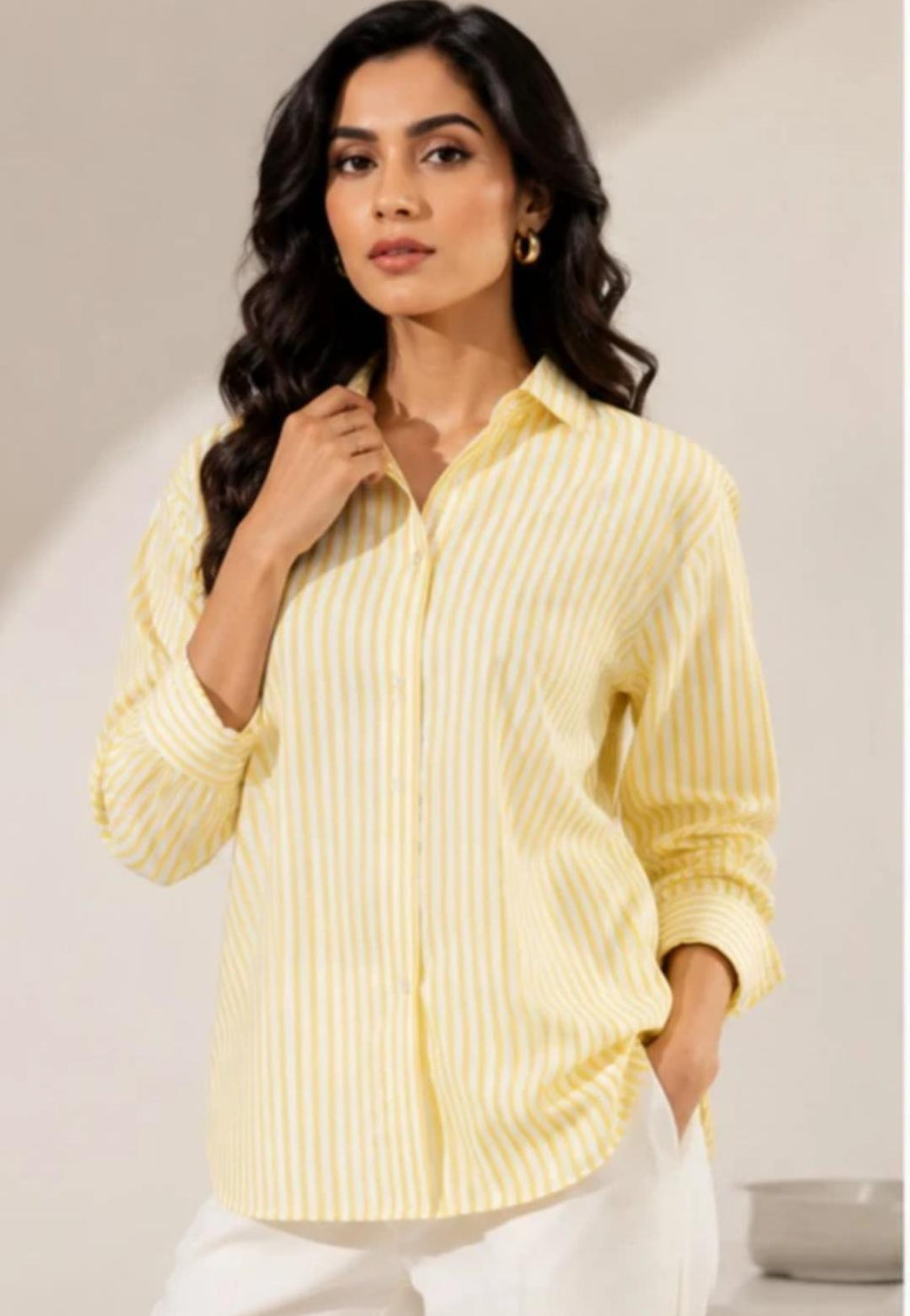 Women’s Yellow Striped Casual Button-Down Shirt