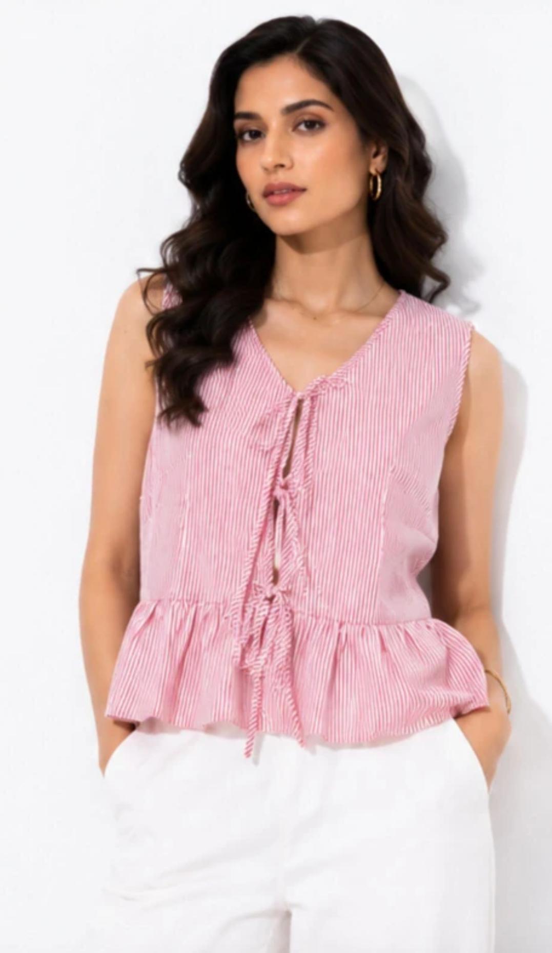 Women’s Pink Striped Sleeveless Peplum Top