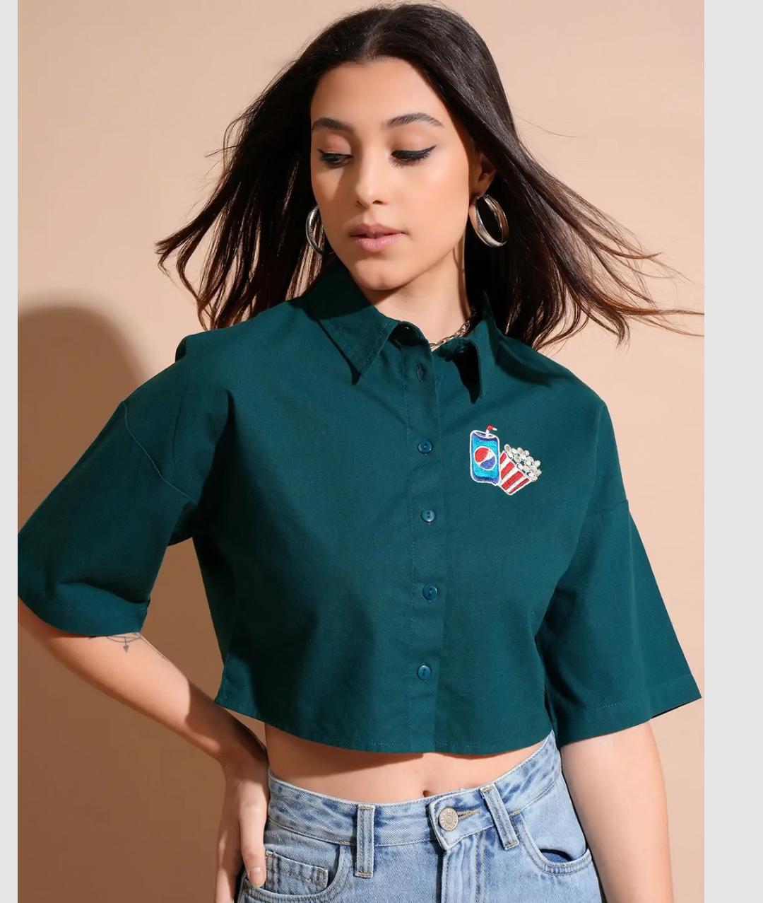 Emerald Green Cropped Popcorn & Soda Utility Shirt