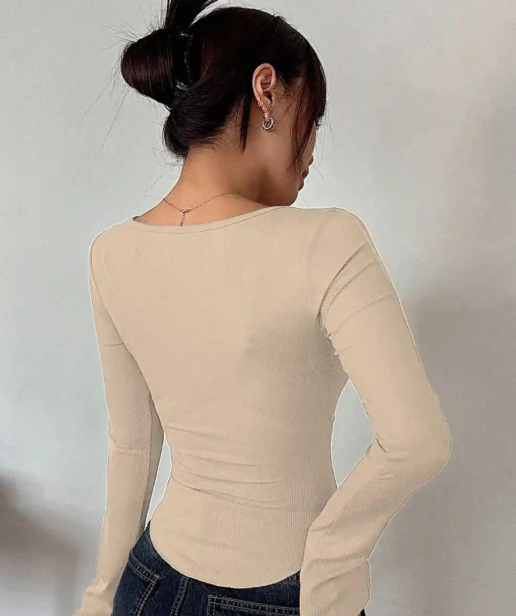 Beige Square Neck Ribbed Asymmetrical Corset Top
