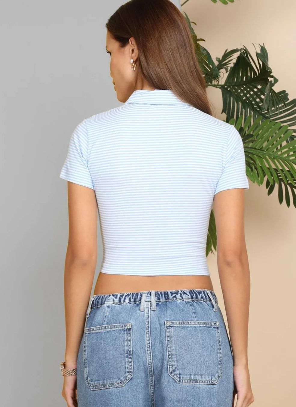 Light Blue Striped Polo Crop Top