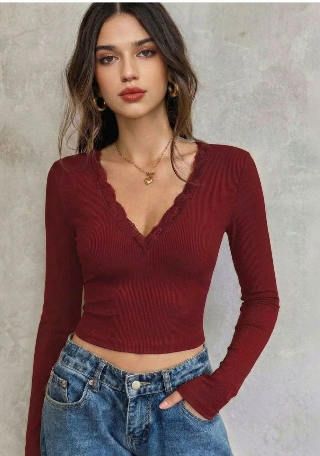 Burgundy Lace-Trim V-Neck Long Sleeve Top