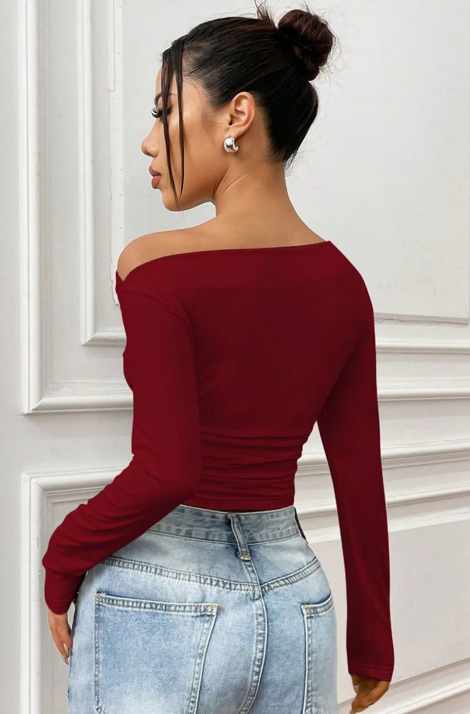 Wine Red Off-Shoulder Ruched Top