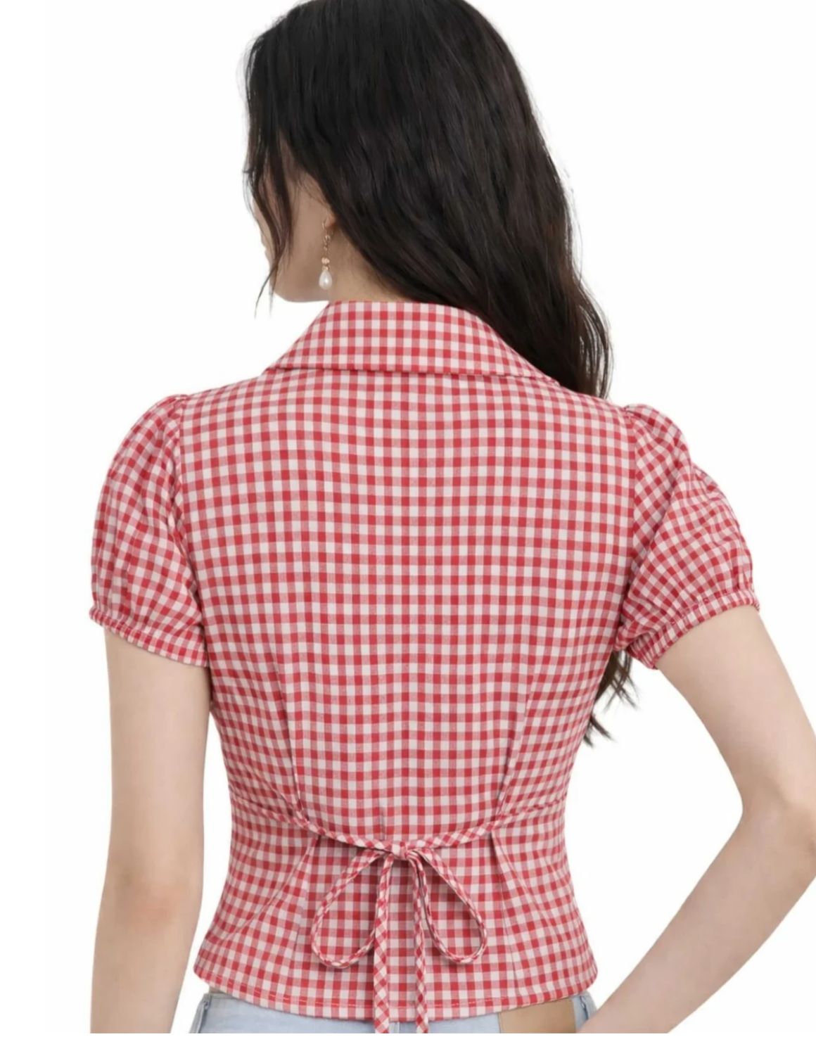 Red Gingham Puff Sleeve Corset Blouse