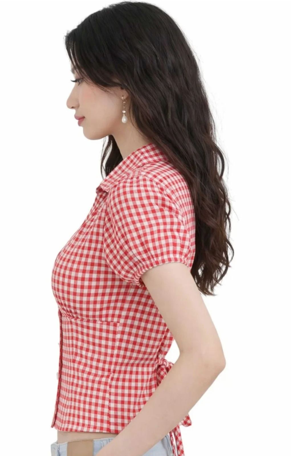Red Gingham Puff Sleeve Corset Blouse
