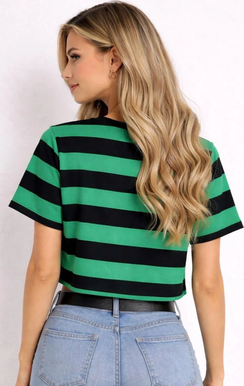 Emerald & Black Bold Striped Crop Tee