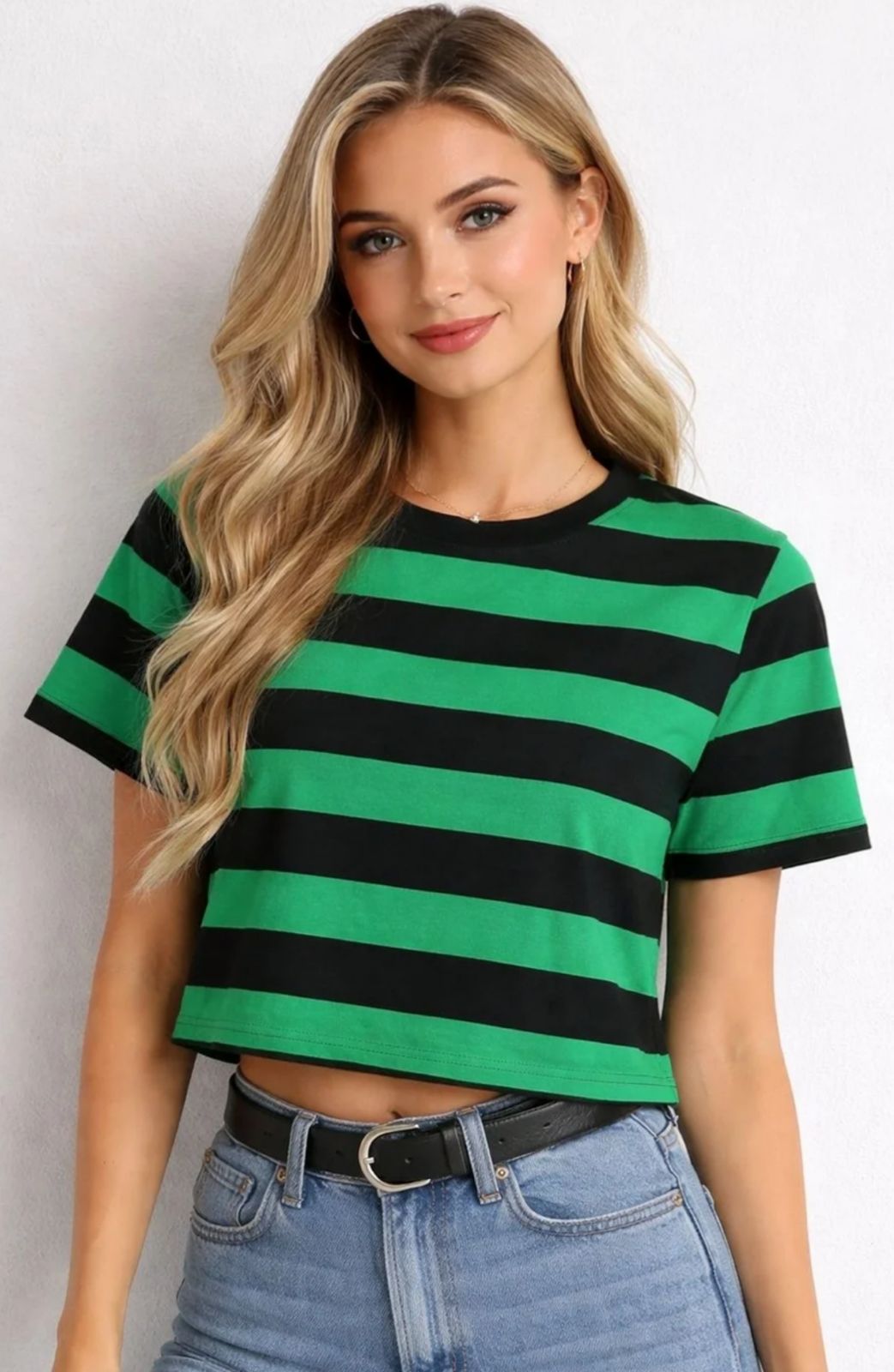Emerald & Black Bold Striped Crop Tee