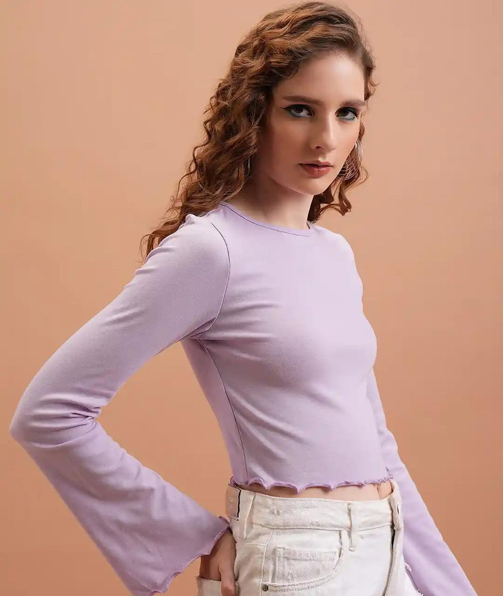 Pastel Lavender Lettuce-Edge Flare Sleeve Top