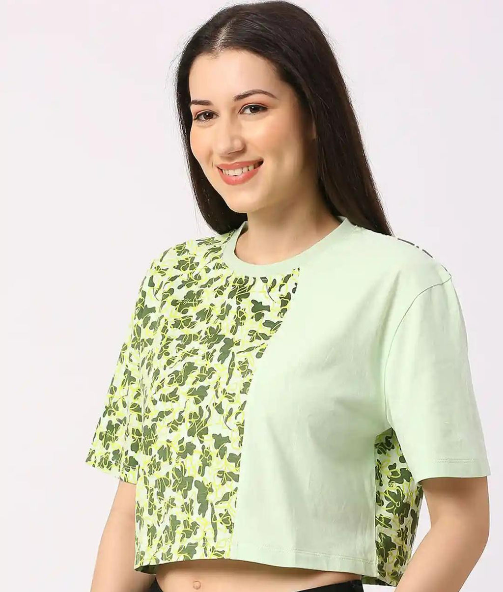 Mint Green Split-Pattern Cropped Tee