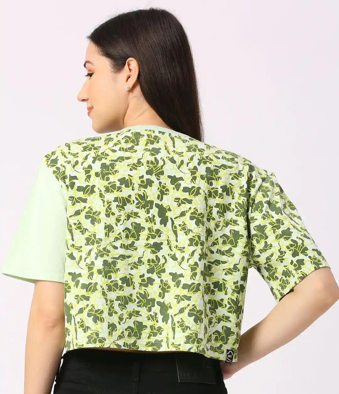 Mint Green Split-Pattern Cropped Tee